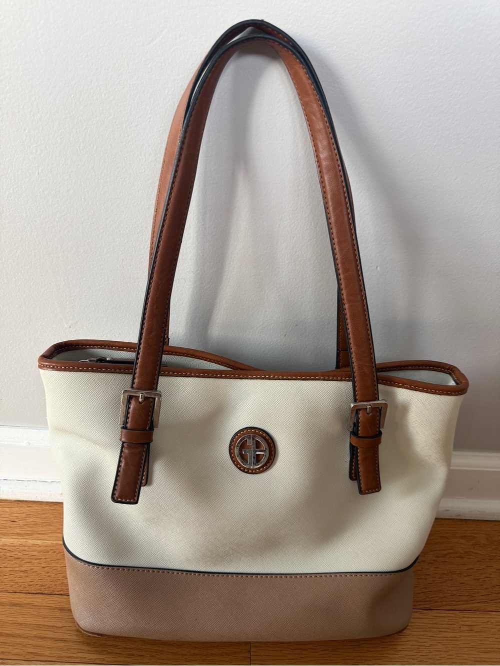 Giani Bernini Colorblock Tote Bag Cream Taupe Brown Large Shoulder Purse